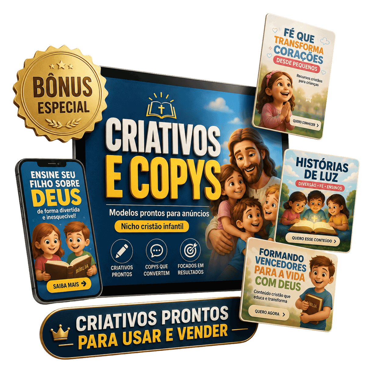 Criativos e cópias infantis para anúncios, foco em fé, histórias de luz e desenvolvimento espiritual.