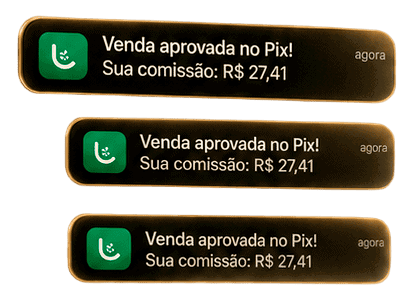 Venda aprovada no Pix com comissão de R$ 27,41, notificação de pagamento digital.