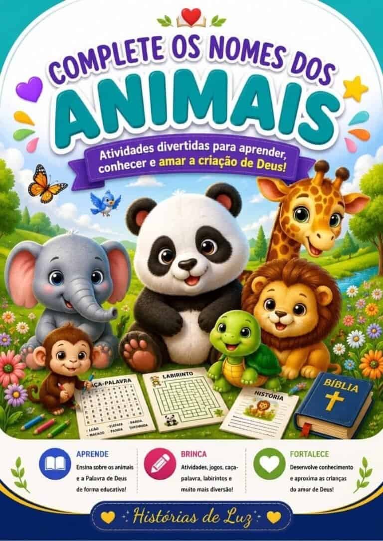 Ensino dos nomes dos animais com personagens fofos e atividades divertidas para crianças.