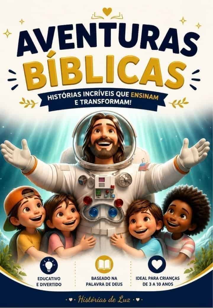 Exploração bíblica para crianças com Jesus e crianças sorridentes em aventura educativa.
