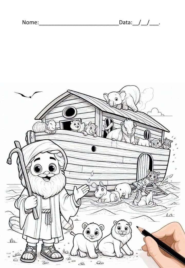 Cão e animais de estimação na arca de Noé, ilustração para colorir infantil, tema bíblico e educativ.