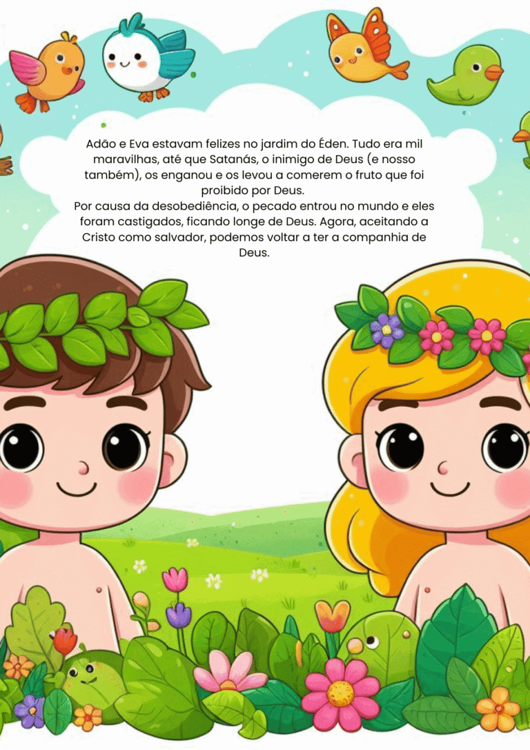 Adão e Eva no Jardim do Éden com animais e flores, simbolizando a história bíblica da criação e do p.