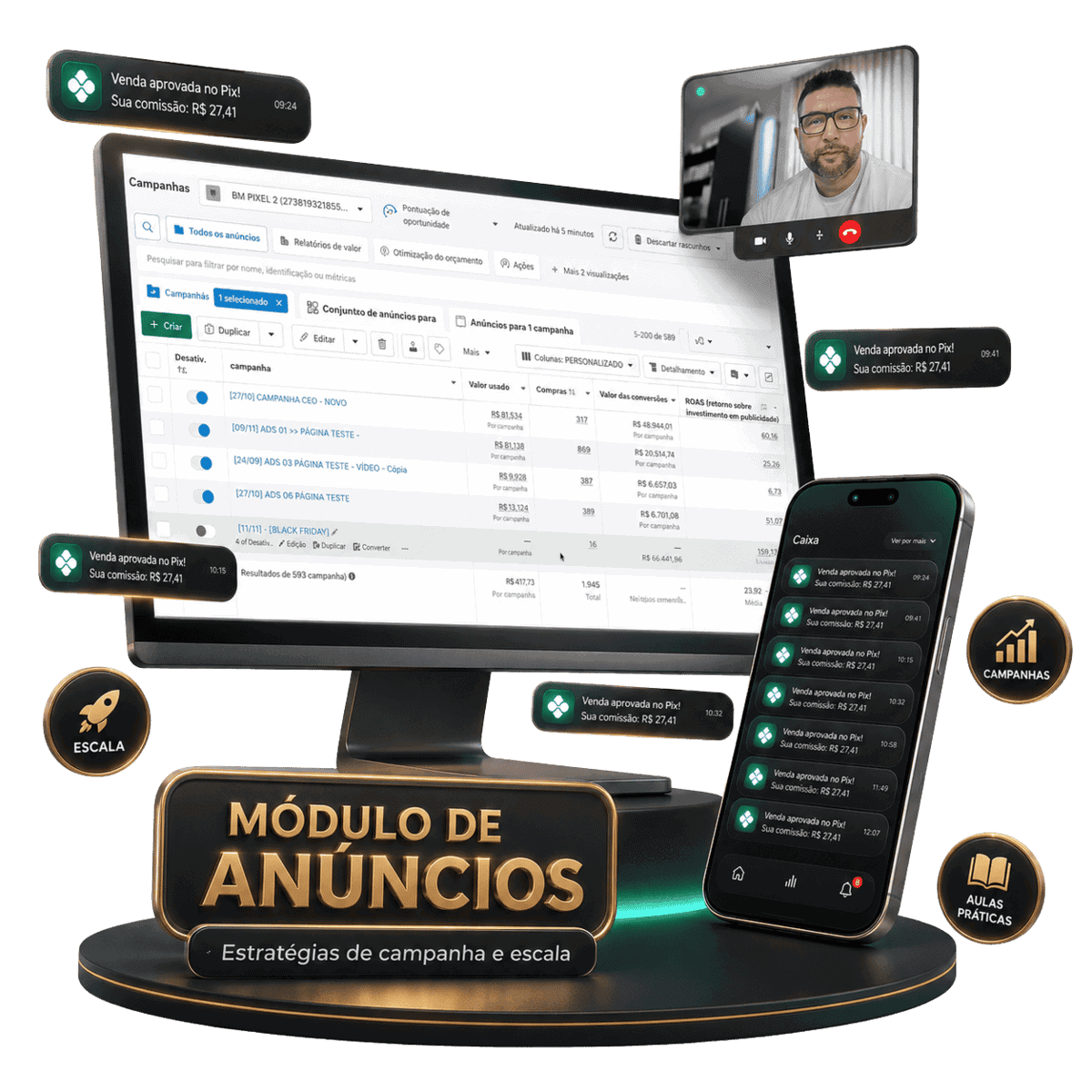 Anúncios de campanha no computador e celular com destaque para aprovação e resultados.
