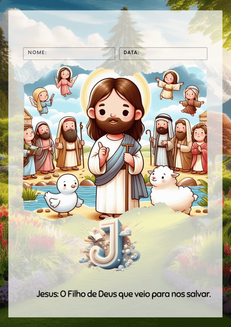 Jesus com expressão de amor e paz, rodeado por anjos e ovelhas, simbolizando a salvação divina e a p.