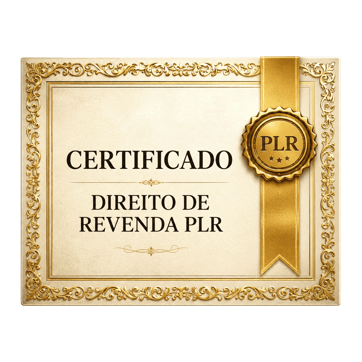 Certificado de direito de revenda PLR em destaque com design elegante dourado e detalhes ornamentais.