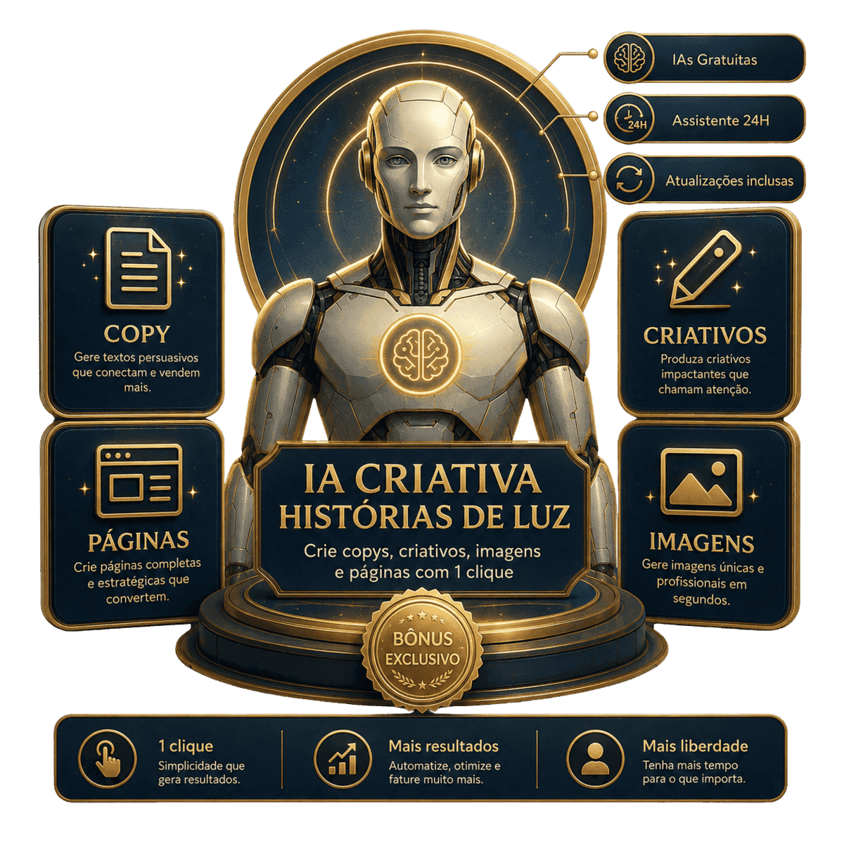 IA criativa para histórias de luz com cópias, imagens e páginas em 1 clique.